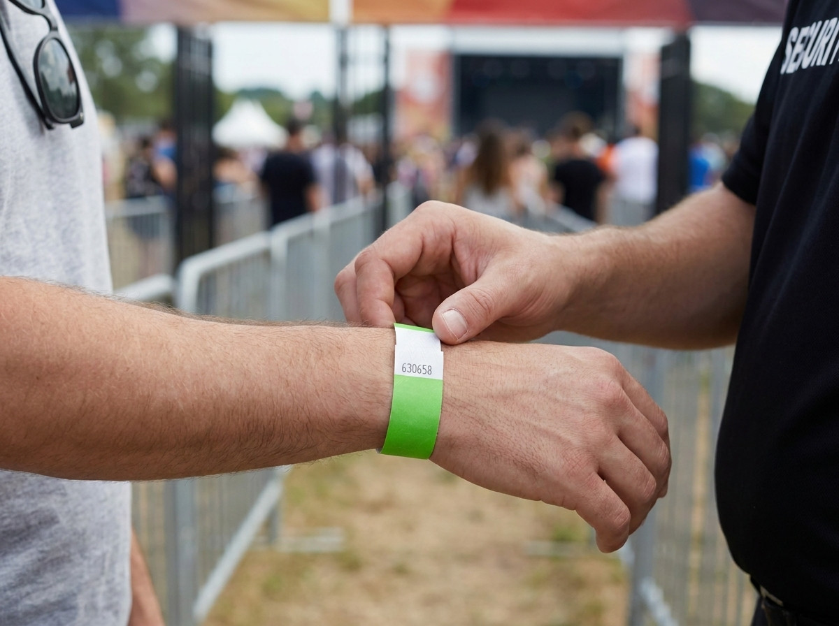 Varnostno osebje preverja neprenosljivo zapestnico obiskovalca festivala pri vhodu na prireditev