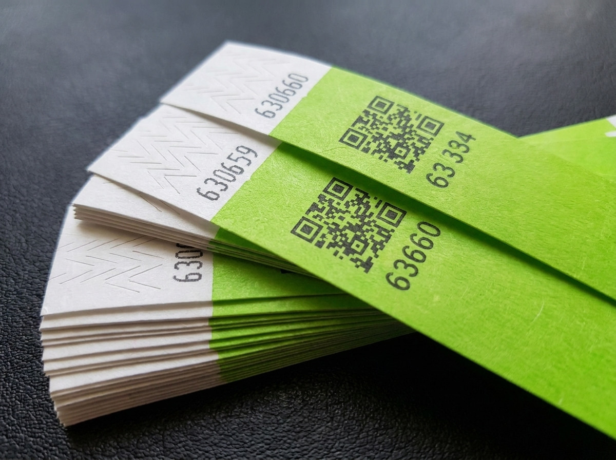 Kup personaliziranih zapestnic Tyvek s QR kodo in zaporednim številčenjem, z vidno neprenosljivo zaponko