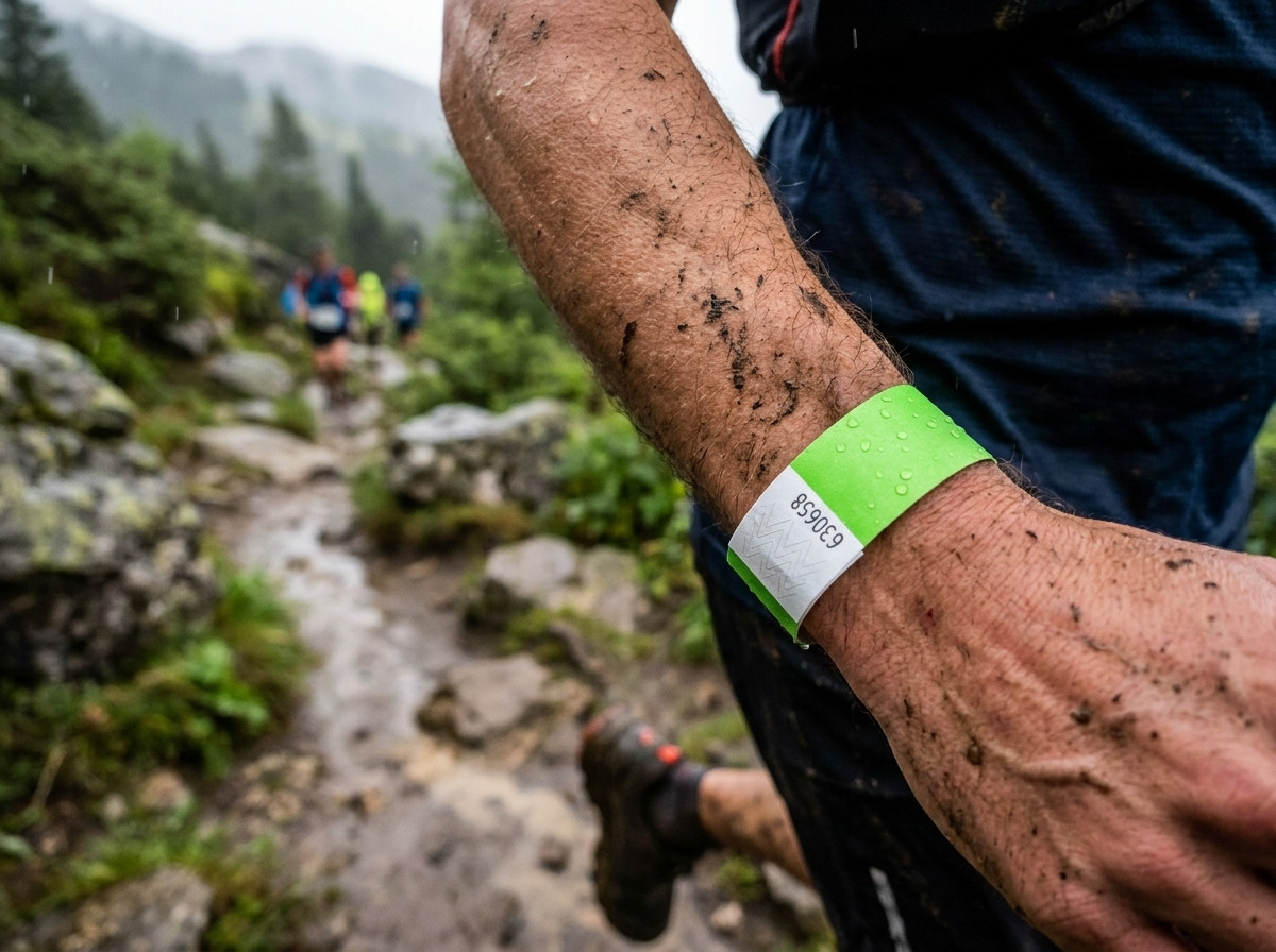 Tekač na trail dirki z blatoodporno identifikacijsko zapestnico med gorskim tekom