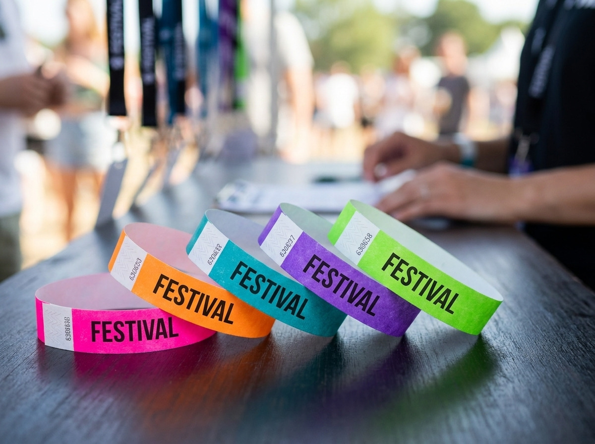 Personalizirane festivalske zapestnice iz Tyveka v več barvah z HD tiskom in zaponko proti prenosu, položene na mizo dogodkovne režije
