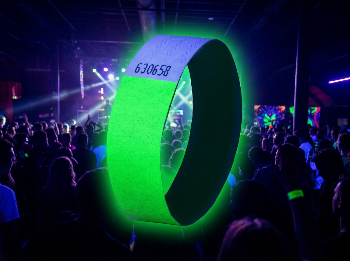 Fluorescentne Tyvek zapestnice za elektronski festival pod črno lučjo z natisnjenim logotipom in QR kodo v visoki ločljivosti