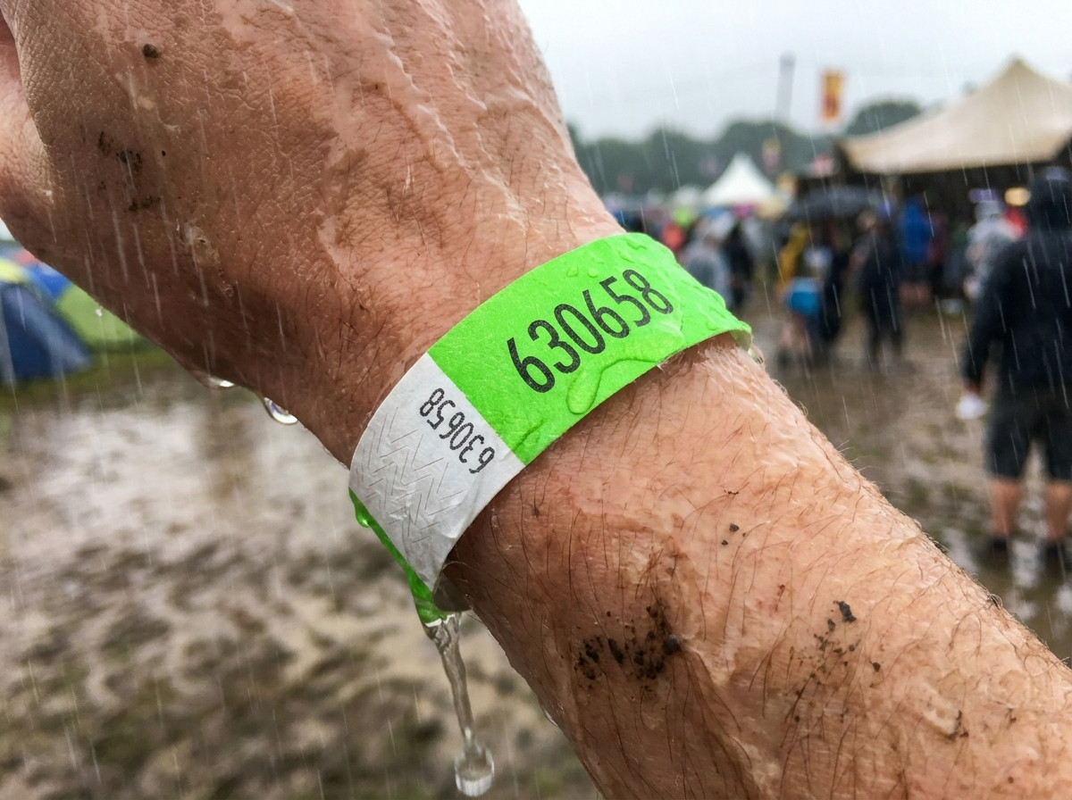 Bližnji posnetek personalizirane zapestnice, nošene na zapestju med večdnevnim festivalom v dežju, ki ostane nepoškodovana in čitljiva