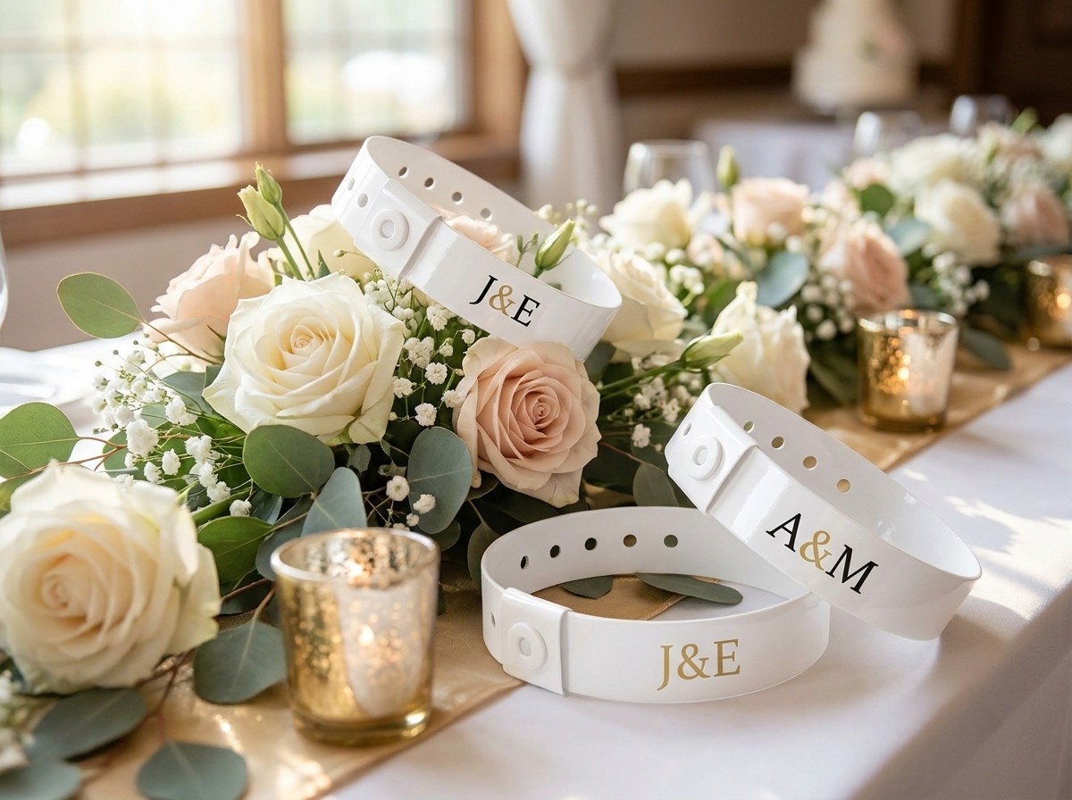 Personalizirane bele poročne zapestnice z zlatimi začetnicami, razporejene na mizi s cvetličnimi dekoracijami