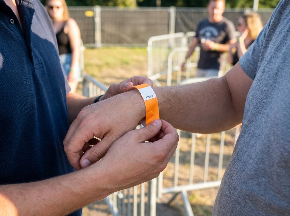 Sprejemno osebje festivala, ki udeležencu pri vhodu namešča oštevilčeno identifikacijsko zapestnico na zapestje