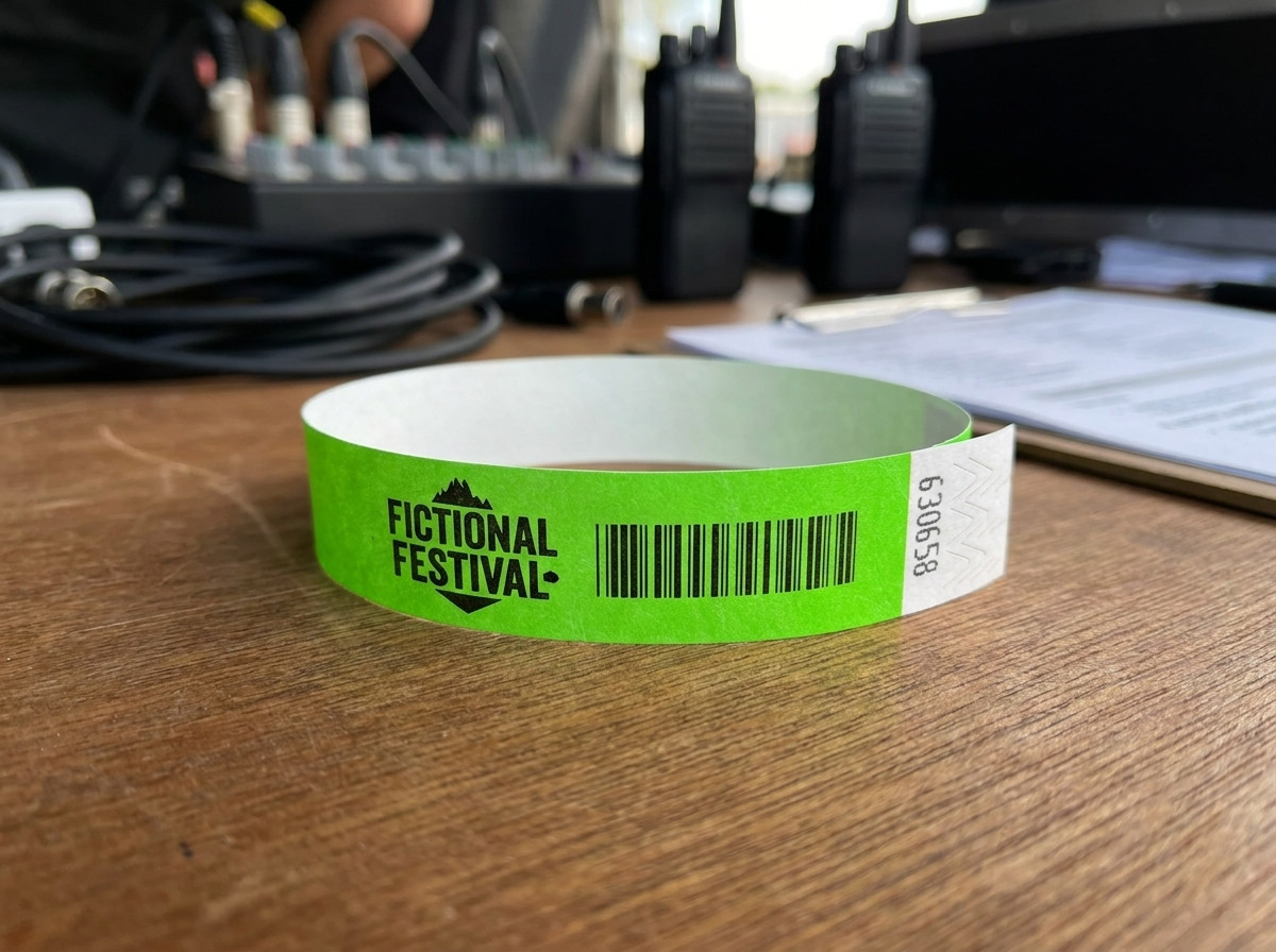 Fotografija od blizu bele papirnate zapestnice s natisnjenim logotipom, pritrjene na zapestje