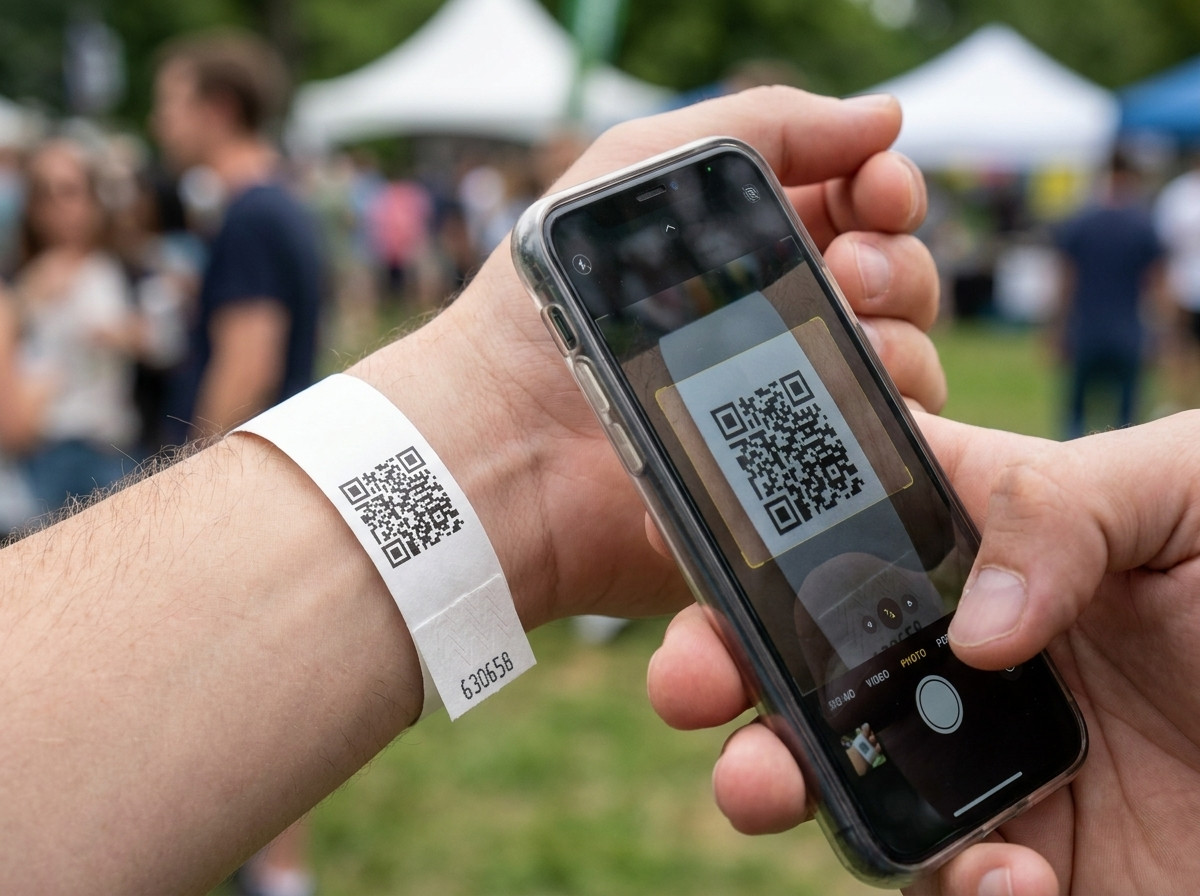 Posnetek od blizu bele zapestnice Tyvek s črno natisnjeno QR kodo, ki jo pametni telefon skenira pri nadzoru dostopa na vhodu festivala