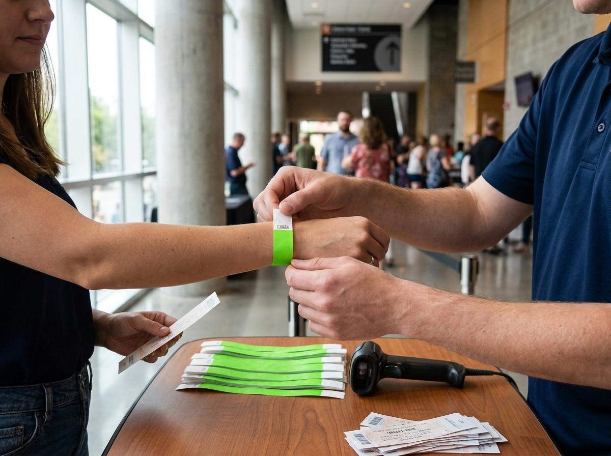 Miza za nadzor dostopa na festivalu z zloženimi zapestnicami Tyvek s QR kodo, pripravljenimi za razdelitev, in agentom, ki s telefonom skenira zapestje udeleženca
