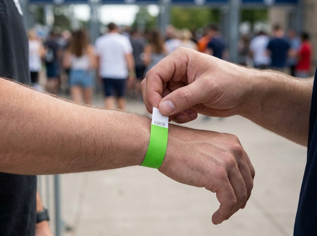 Varnostnik preverja neprenosljive zapestnice ob vhodu na velik festival na prostem, v ozadju je vidna množica
