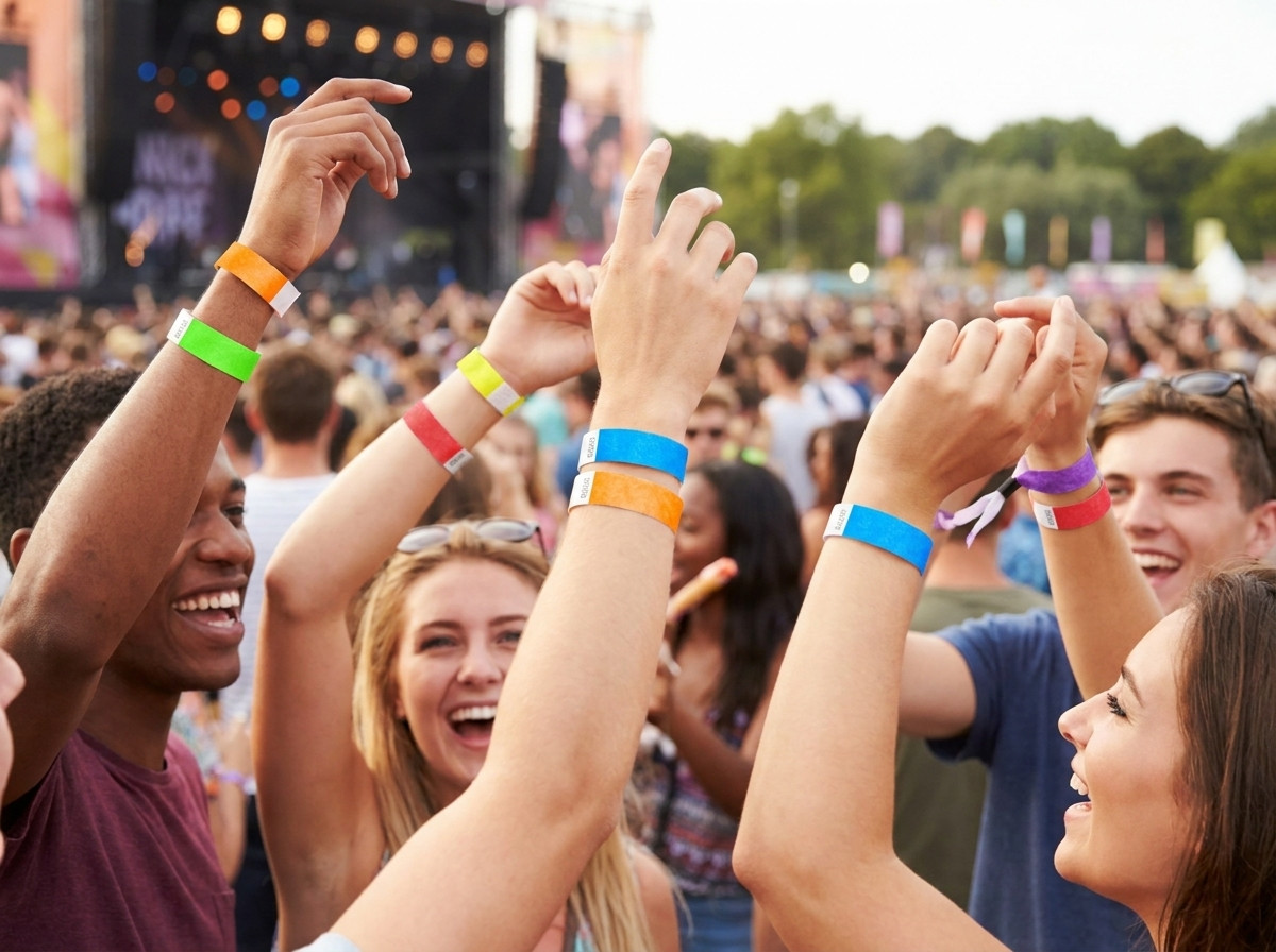 Barvne zapestnice Tyvek, ki jih nosijo obiskovalci festivala na prostem med koncertom, kar prikazuje njihovo odpornost in udobje