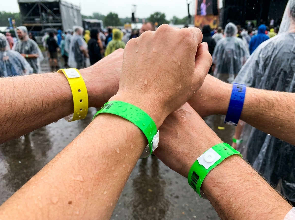 Barvite vinilne PVC zapestnice, nošene na zapestju med večdnevnim festivalom v dežju